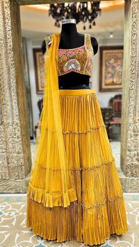Yellow Chinon Ladies Lehenga Choli, Work : Cutdana Sequins Work