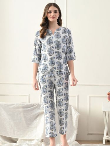 Women Jaipuri Print White Night Suit