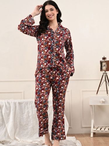 Women’s Rayon Night Suit – Red Floral Print with Pocket