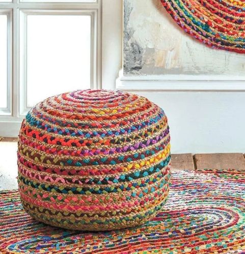 Cotton Braided Multi Chindi Jute Pouf
