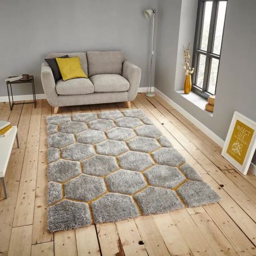 Grey & Mustard Geometric Hexagon Design Hand Tufted Modern Floor Rug