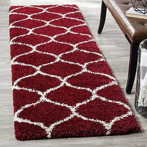 Moroccan Style Microfiber Carpet Runner Red & Ivory Soft Clean Hand Tufted Bedside Runner