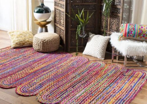 Multicolor Cotton Dye Scalloped Design Handmade Jute Area Rug