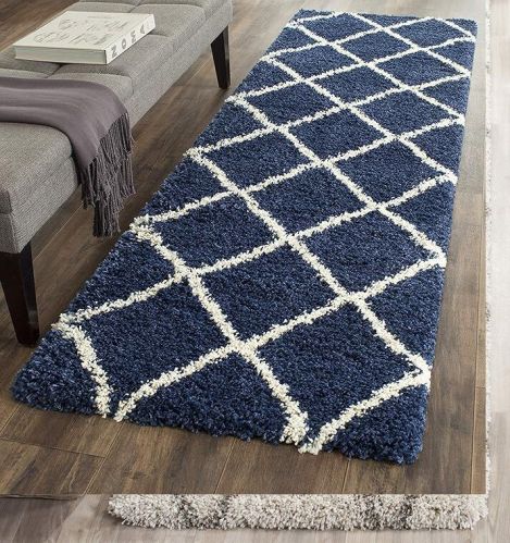 Premium Blue with Ivory Beautiful Micro Bedside Runner Shaggy Rug