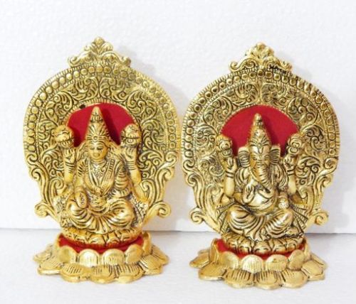 White Metal with Gold Polish Ganesh Laxmi Statue 6.5 Inches