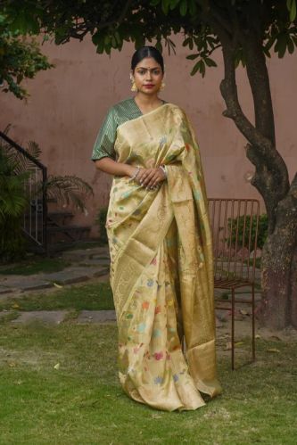 Eanamsha Pista Green Pure Kota Tissue Silk Banarasi Handwoven Saree
