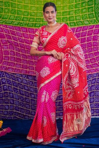 Rajarajeshwari Red Pure Bandhej Silk Saree with Mirror Work