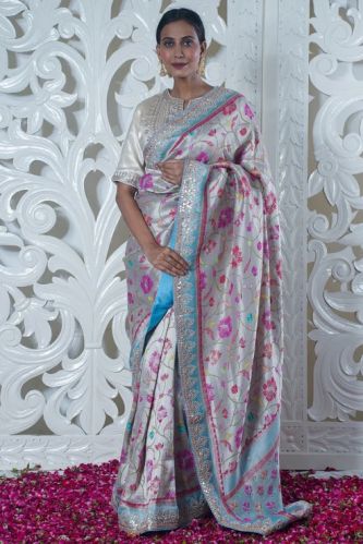 Samaleswari Off-White Pure Katan Silk Saree with Border (Embroidery Work)