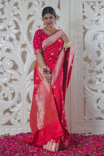 Trikalya Red Pure Banarasi Silk Saree with Chand Boota Work