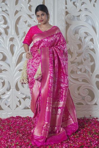 Vandana Silks Banaras Karunamayi Pink Pure Banarasi Silk Saree with Jaal Work