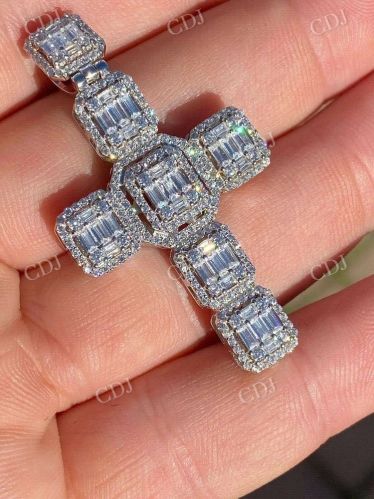 Baguette Moissanite Diamond Iced Cross Gold Plated Sterling Silver Pendant