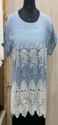 Printed Ladies Cotton White and Blue Top M, Xl, Xxl Casual Wear