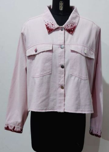 Plain Collar Neck Ladies Pink Denim Washed Jacket Xl, Xxl