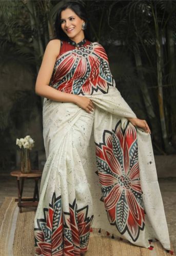 Printed Silk Saree, Color : White