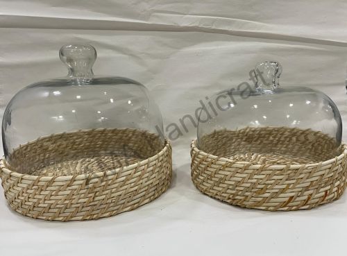 Plain Rattan Cane Cake Stand With Dome, Color : Natural Multisize