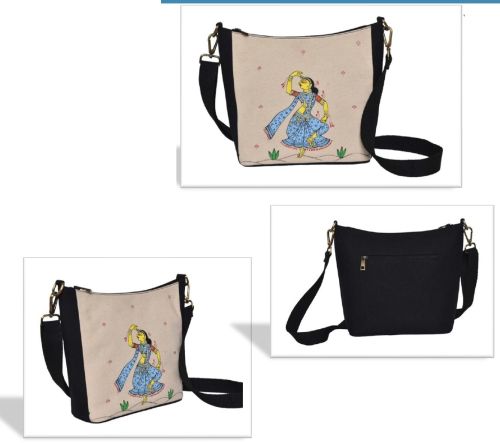 Printed Cotton Dancing Damsel Handbag 10.5 X 12 X 3.5 Inch