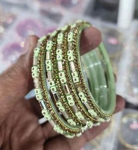 Polished 2.4 Inch Stone Work Glass Bangles, Color : Pista Green