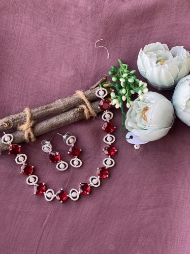 Ladies Artificial Ruby Necklace Set, Color : Red Silver Modern
