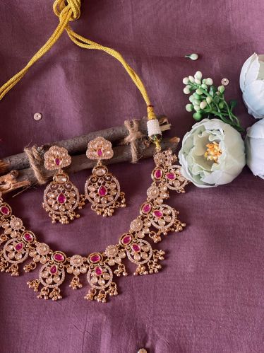 Ladies Pink And Golden Fancy Necklace Set