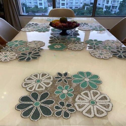 Multicolor Cotton Flower Design Beaded Table Runner