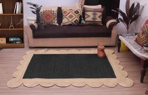 Gooky Goods Plain Scalloped Black Natural Jute Rug For Use On The Floor