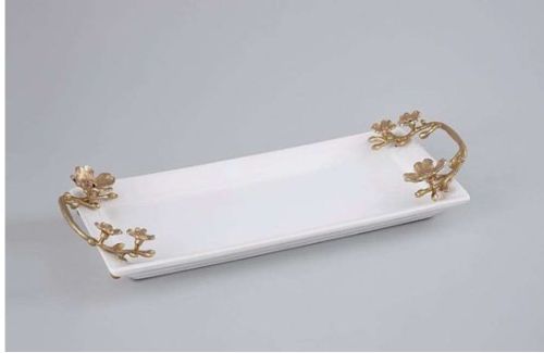 Steel (Handle) Plain White Designer Ceramic Tray