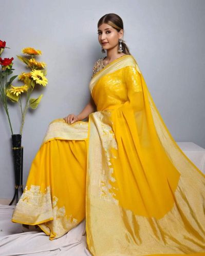 Printed Unstitched Yellow Banarasi Silk Saree Party Wear