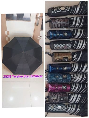 25x8 Inches Black Silver Polyester Umbrella, Shape : Round