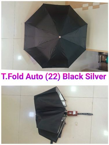 Polyester Three Fold Auto Black Silver Umbrella, Shape : Round