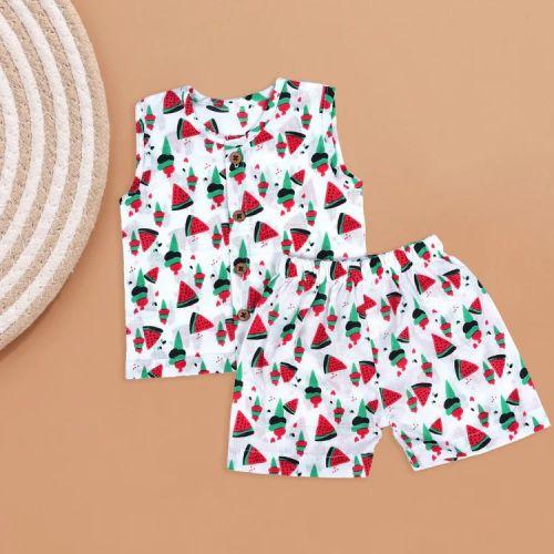 Baby Watermelon Print Cotton Jabla & Shorts Set