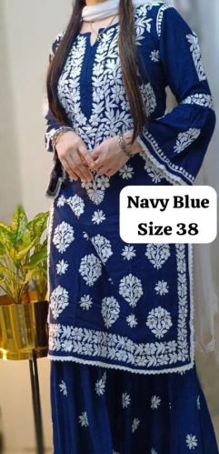 Printed Reyon Cotton Navi Blue Palazzo Suit Festive Wear for Garments