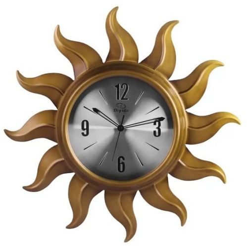 Metal & Glass Sunburst Golden Wall Clock, Color : Brown