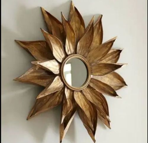 Metal & Glass Polished Sunburst Wall Mirror, Color : Brown, Gold