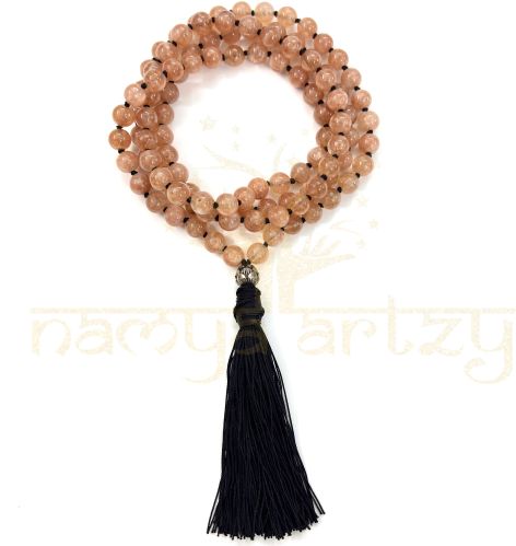 Handmade, Natural Sunstone Gemstone 108 Beads Hand-Knotted Mala Necklace