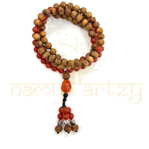 Carnelian with Tulsi Wood Beads, Garnet ADN Tiny German Silver Beads Handmade Mala Necklace
