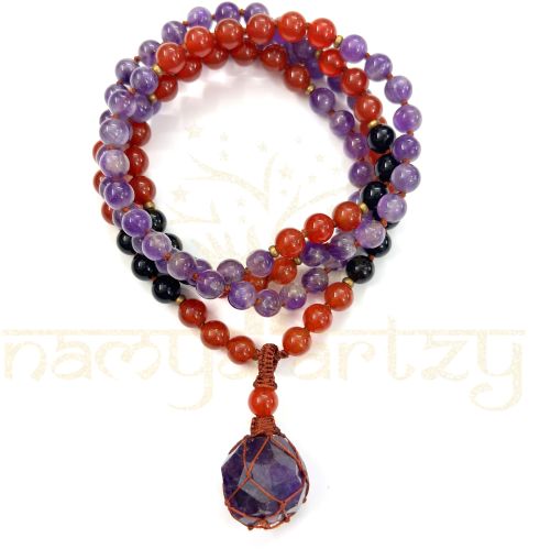 Mix of Amethyst & Carnelian, Black Onyx Gemstones 108 Beads Mala/necklace