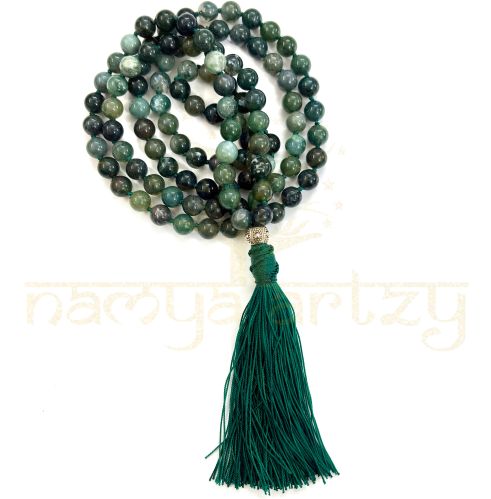 Handmade, Natural Moss Agate Gemstones 108 Beads Hand-Knotted Japa Mala Necklace