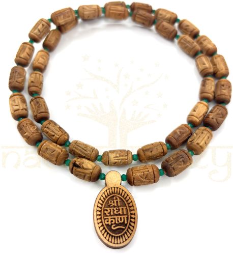 Radha Imprints 54 Tulsi Wood Neck-Bead Mala with Tiny Faceted Green Onyx Gems Stone