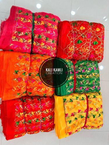 Multi Colour Embroidered Net Unn Work Chunri Fabric, For Garments, Packaging Type : Plastic Bag