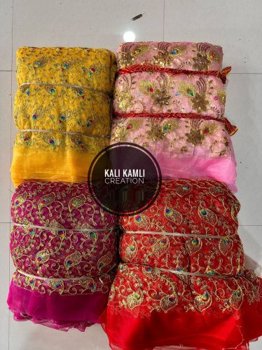 Heavy Embroidery Work Net Fabric, Color : Multi Colour for Garments