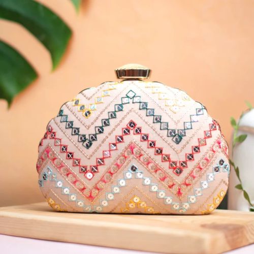 Artklim Baby Pink Zig Zag Embroidery Party Women Clutch Bag
