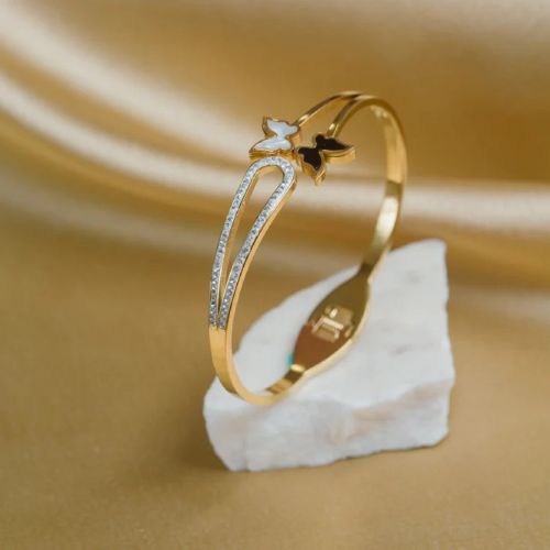 Artklim Gold Plated White And Black Butterfly Women Bangle Bracelet
