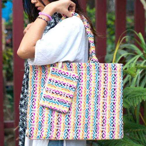 Multicolour Jacquard Box Style Women Tote Bag