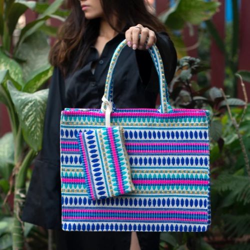 Multicoloured Box Style Women Tote Bag with a Pouch