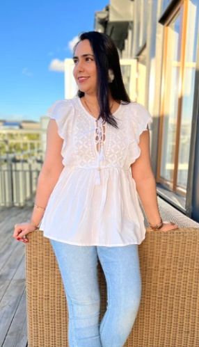 Enchanted Gardens - Cotton Chikankari Short Top with White Hand-Embroidery