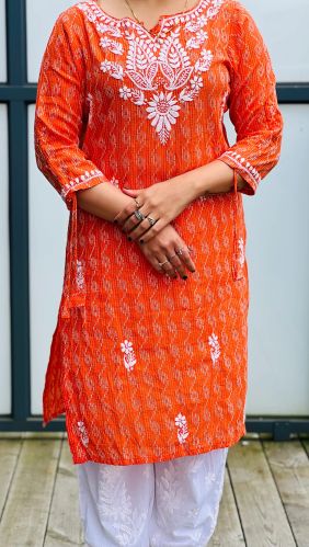 Printed Handcrafted Chikankari Kurti with 3/4th Sleeves