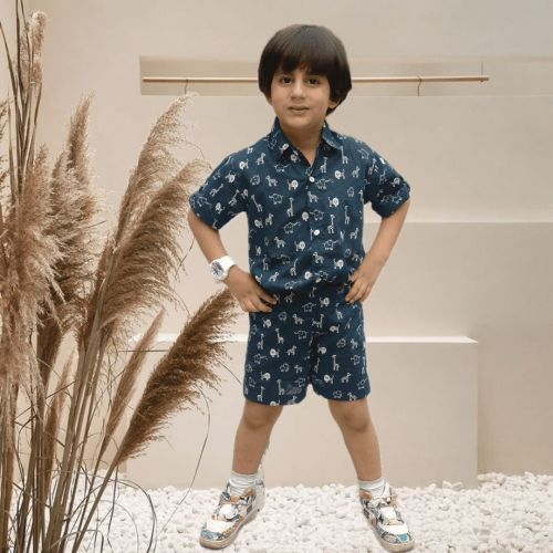 Boys Animal Print Shirt with Shorts in Pure Cotton