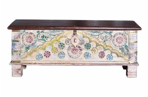 Kraft Creations Unique Pattern Antique Finish Wooden Trunk Box For Bedroom 45x116x40 Cms