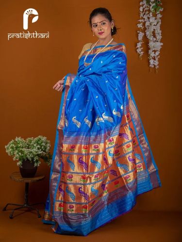 100% Pure Silk Woven Blue Tissue Paithani Saree