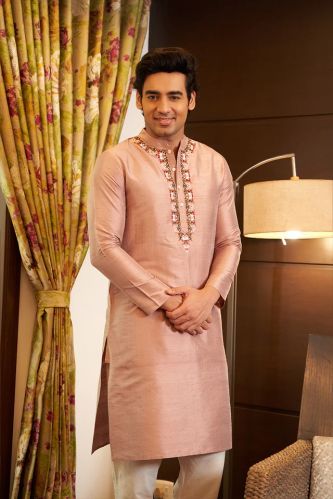 Onion Pink Raw Silk Mens Kurta Set With Embroidery